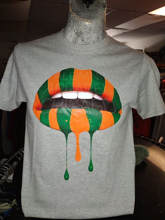 Lips Green and Orange Ladies Vneck Tee